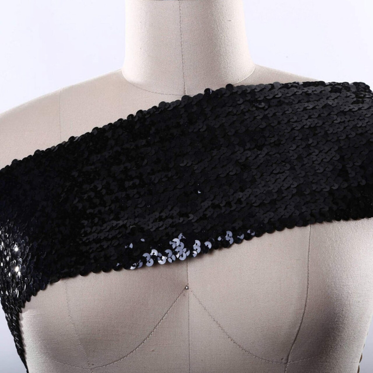 1 Yard 6" Wide Black Stretch Flat Sequin Banded Trim for Bandeaus Making and Costume Making